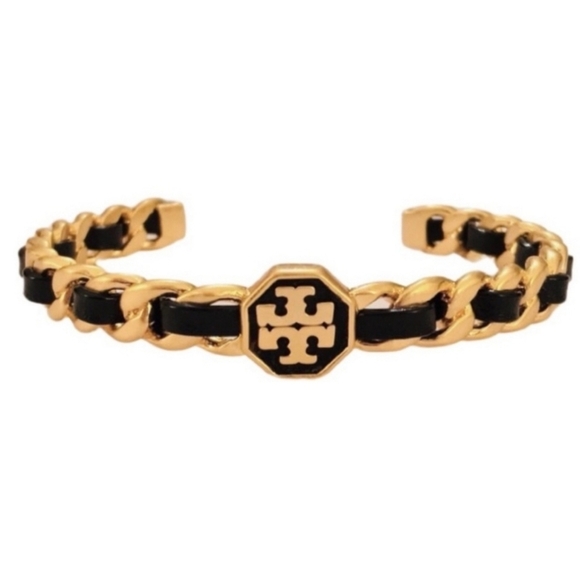Tory Burch Jewelry - New Tory Burch black leather woven Marion chain cuff bracelet